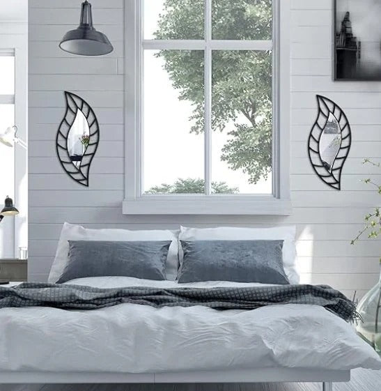 2 Pcs Small Mirror Wall Decor Mounted Art Leaf Mirror Decorative Teardrop Mirror Wall Decorations for Living Room Bedroom Bathroom Vanity Entryway Office(Black)