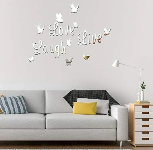 3D Acrylic Mirror Butterfly Stickers Silver Love Live Laugh Butterfly Wall Letters Butterfly, Home Decoration Decal
